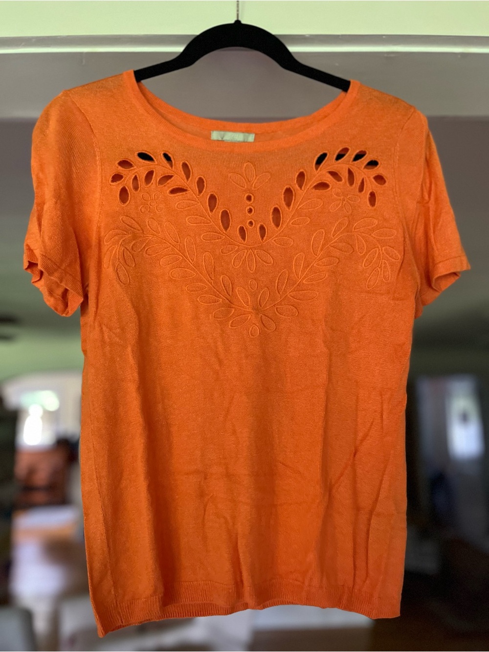 Silk Blend Sweater Top Orange Short Sleeve Cutout Embroidery
